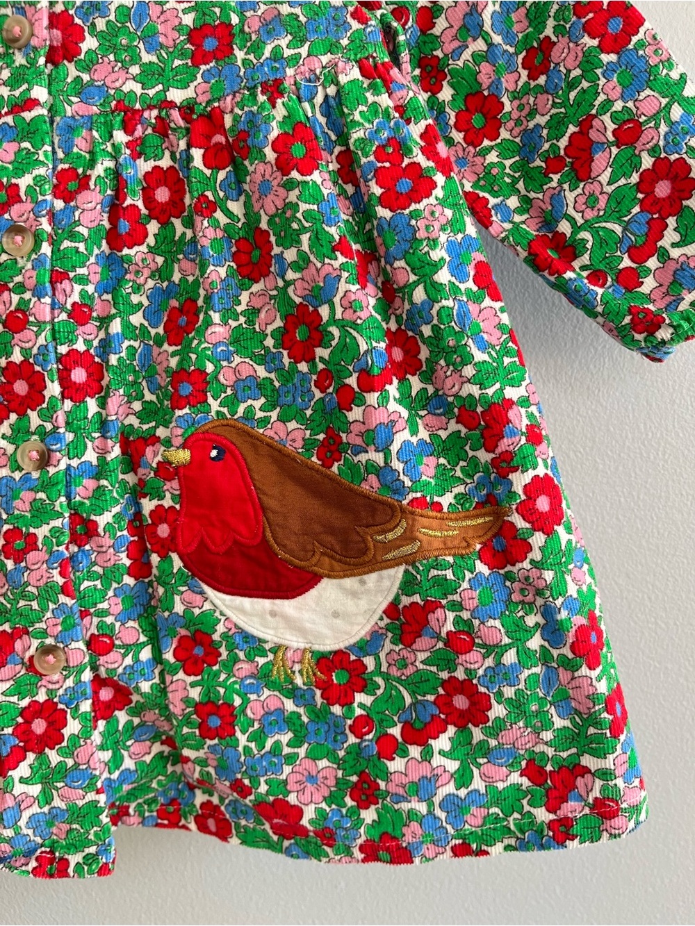 Baby Boden Long Sleeved Cord Shirt Dress Size 6-9 Mo. Bird Applique Floral - Picture 2 of 6
